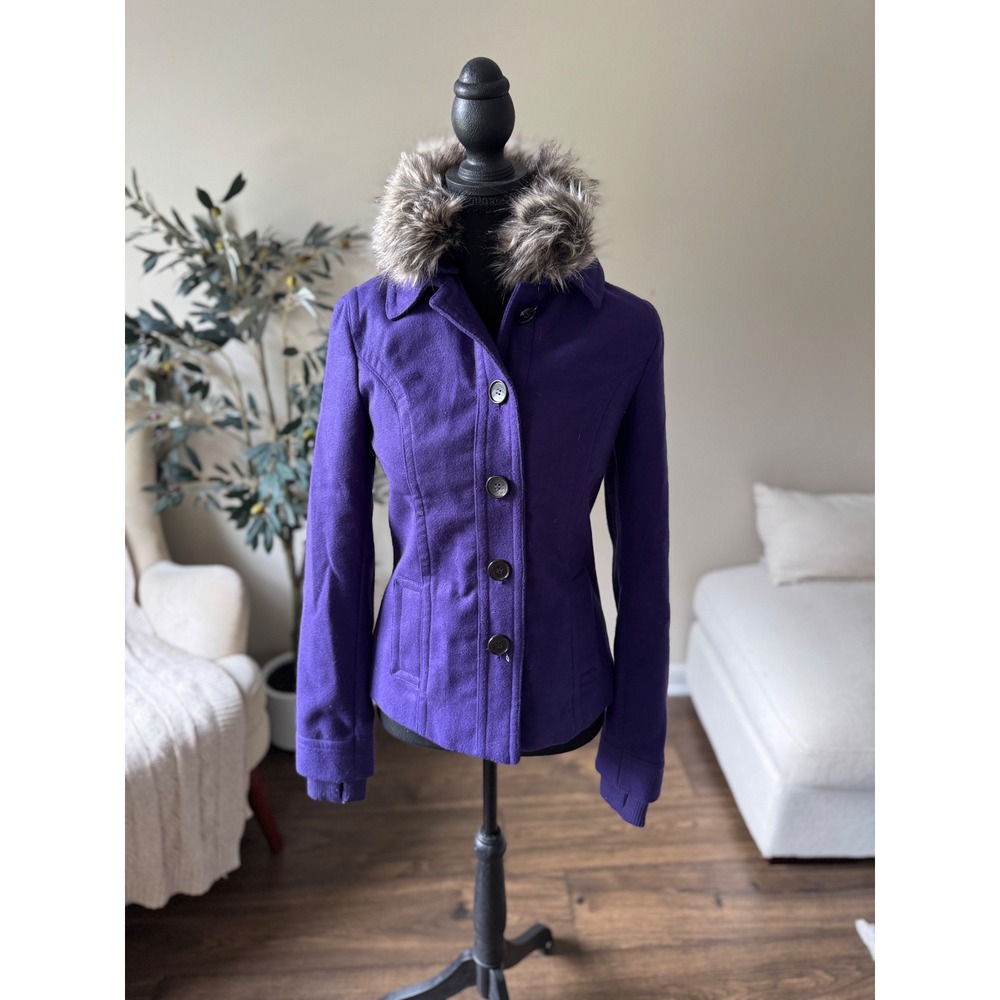 dELiA*s Purple Faux Fur Trim Button Front Pea Coat Jacket XS